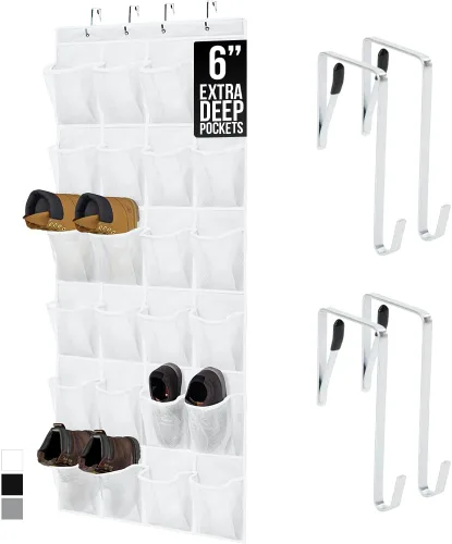 Vista 27 de Gorilla Grip - Zapatero para colgar en la puerta, 24 bolsillos de malla para sostener hasta 40 libras, organizador para parte trasera del armario