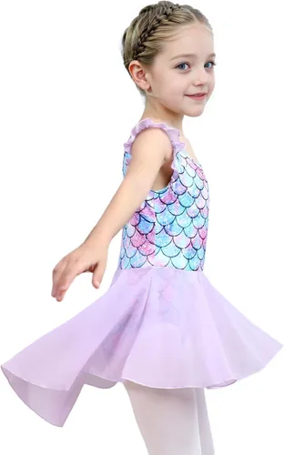 Vista 5 de iLover Vestido de leotardo clásico con mangas con volantes para niñas, para danza, gimnasia y ballet