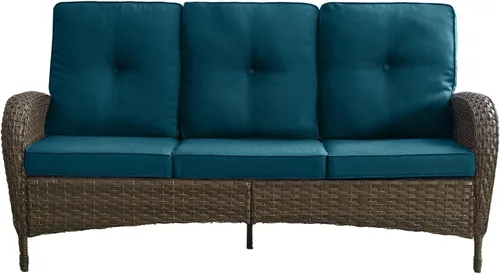 Vista 9 de Sofá de lujo para patio, sofá de mimbre para exteriores con cojines sonrientes de 6 pulgadas, respaldo alto, resistente, cómodo, mimbre marrón