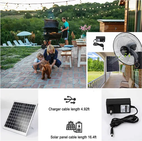 Vista 3 de Ventilador solar de pared de 16 pulgadas, ventilador oscilante para el hogar con control remoto, 5 aspas y 3 velocidades, panel solar/adaptador