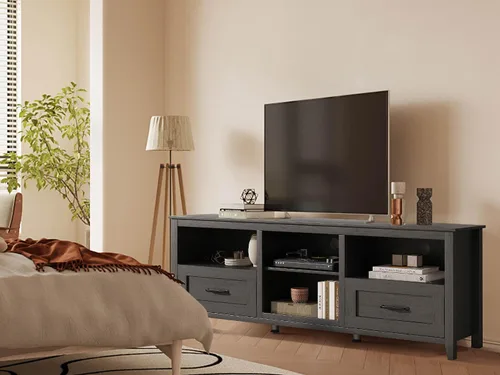 Vista 3 de SAINTCY Soporte de TV negro de 70 pulgadas para televisores de hasta 80 pulgadas, gabinete de TV clásico grande, centro de entretenimiento moderno