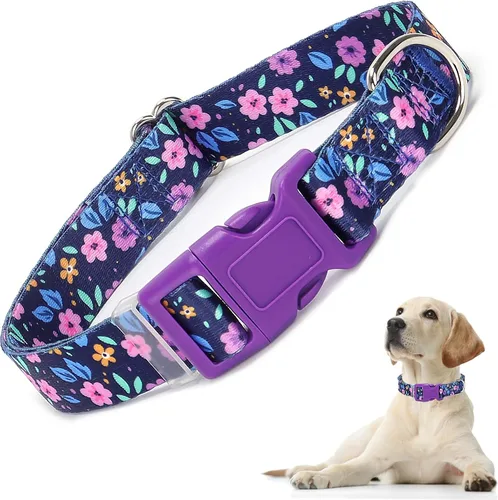 Vista 22 de Lindo collar de perro con patrones de flores verdes para perros machos y hembras, collares ajustables y cómodos para perros XS, pequeños, medianos