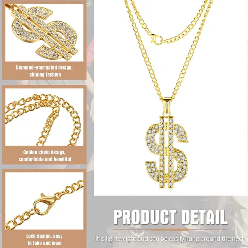 Vista 3 de Lemosae 4 piezas de disfraz de hip hop, collar con colgante de signo de dólar, anillo de cadena dorada con gafas, accesorios de rapero de los años