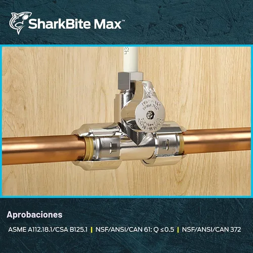 Vista 6 de Válvula de parada SharkBite Max Tee, 3/4 x 3/4 en Conexión a presión x 1/4 en Compresión, Accesorio de plomería de latón, Acabado cromado, UR24985A