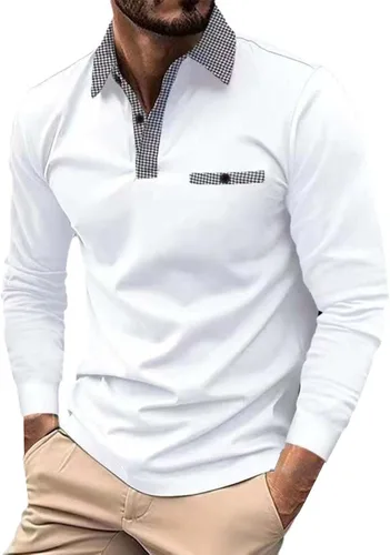 Vista 7 de Polo de manga larga para hombre, diseño casual de algodón con bolsillo, cuello clásico con botón para golf