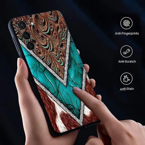 Vista 2 de Funda compatible con Samsung Galaxy S22, funda protectora de TPU suave a prueba de golpes de piel de vaca occidental turquesa y marrón con estampado