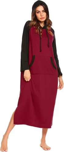 Vista 2 de Ekouaer Camisón de manga larga con capucha para mujer, color de contraste, ropa de descanso de longitud completa con bolsillo, S-4XL