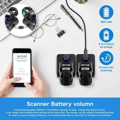 Vista 8 de NETUM Escáner de código de barras con anillo QR 2D Bluetooth, mini lector de códigos de barras portátil con base de carga y memoria incorporada