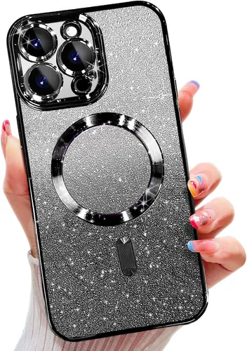 Vista 40 de Misscase Funda magnética compatible con iPhone 14 Pro con purpurina y protector de lente de cámara, protección completa, compatible con MagSafe Negro