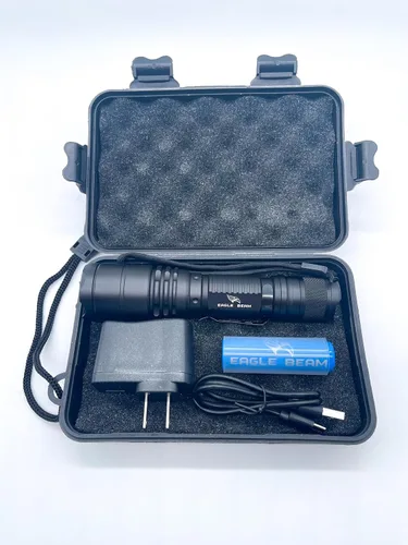 Vista 5 de Eagle Beam - Linterna eco, súper brillante, recargable, USB-C, enchufe directo, haz ajustable, multimodo, linterna táctica, camping, viajes, funda