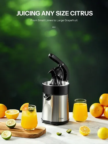 Vista 7 de Exprimidor eléctrico profesional de cítricos de acero inoxidable cepillado, 2 conos intercambiables para naranja, limón y pomelo, fácil de limpiar