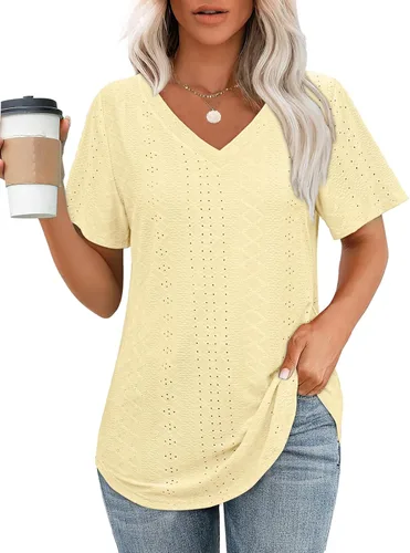 Vista 13 de OFEEFAN Camisetas básicas de manga corta con cuello en V para mujer, ajuste holgado, con dobladillo curvado B-verde