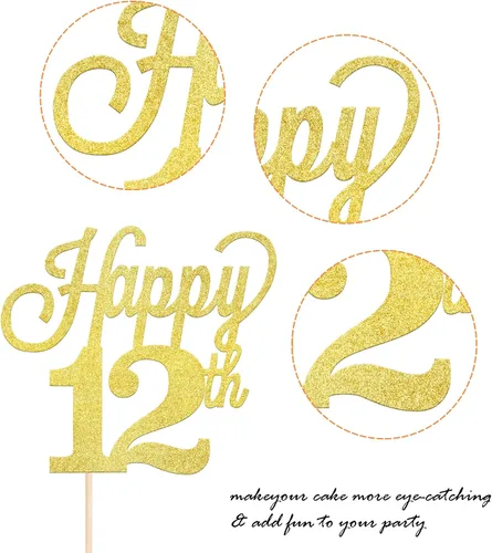 Vista 3 de 1 paquete de decoración para pastel de 12 años, purpurina negra número 12, doce cumpleaños, decoración para felicitaciones a 12 años de edad, 12