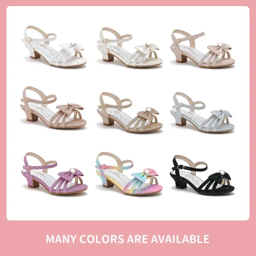 Vista 7 de Sandalias para niñas, zapatos de vestir para fiesta de boda, puntera abierta, tacones altos con purpurina para niños pequeños y grandes