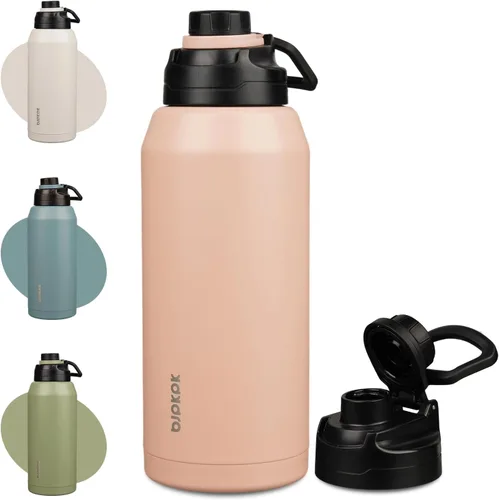 Vista 17 de BJPKPK Botella de agua aislada de 36 onzas, botellas de acero inoxidable con tapa de boquilla a prueba de fugas, jarra de agua grande de boca ancha