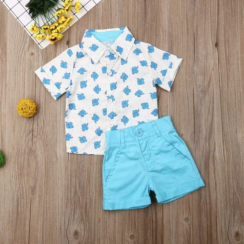 Vista 75 de Conjunto de camisa de manga corta con botones y pantalones cortos casuales con diseño de flamingo, para bebés y niños de 1 a 6 años, atuendos