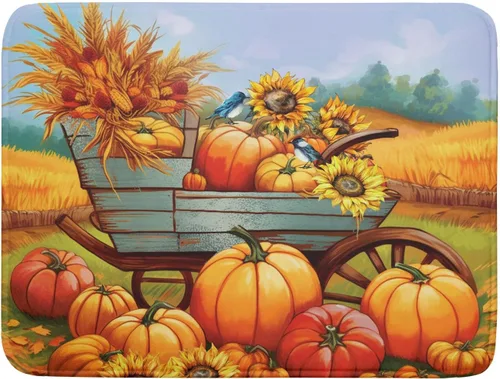 Vista 69 de Tapete de Secado de Platos de Florero de Girasoles Otoñales para Encimera de Cocina, Tapete de Secado de Hojas de Arce y Calabaza Otoñal de 16 x 18