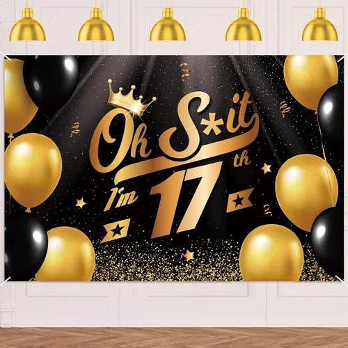 Vista 35 de Oh S*hit I'm 10th Banner telón de fondo negro dorado globos corona confeti Hallo Quince Cheers to 10 años decoración temática decoración para hombre