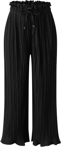 Vista 7 de YOLAI Pantalones palazzo de pierna ancha para mujer, pantalones casuales de cintura alta, plisados, holgados, con cordón