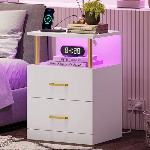 Vista 10 de VIAGDO - Mesa de noche negra con estación de carga y puertos USB, mesa de noche LED con 2 cajones, mesas de cabecera modernas con almacenamiento