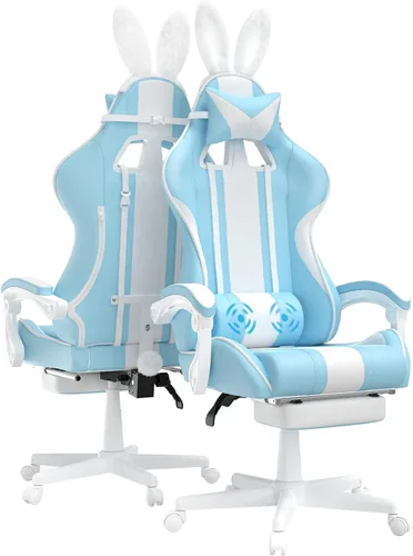 Vista 13 de Ferghana - Silla de juego Kawaii en azul claro con orejas de conejo, silla Gamer ergonómica y linda con reposapiés y masaje, silla de juego