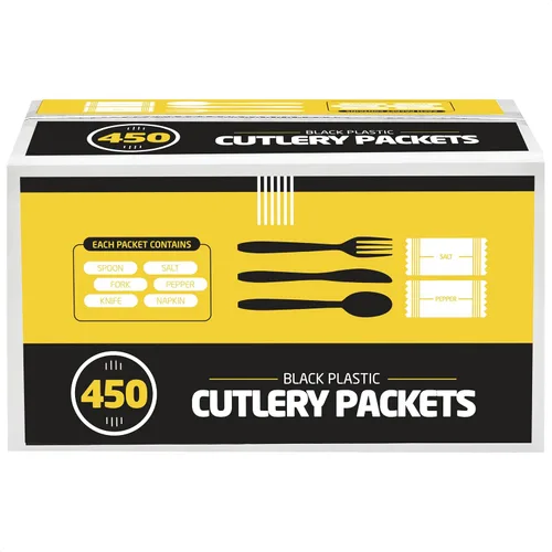 Vista 9 de 250 paquetes de cubiertos desechables – Cuchillo, tenedor, cuchara, servilleta, sal, pimienta Juegos de cubiertos envueltos individualmente