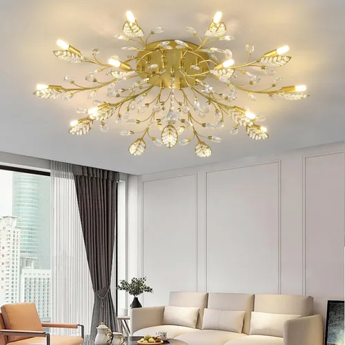 Vista 8 de Lámpara de techo de cristal, lámpara de flores, luces de techo semiempotradas de hojas doradas, accesorios de iluminación de cocina para dormitorio