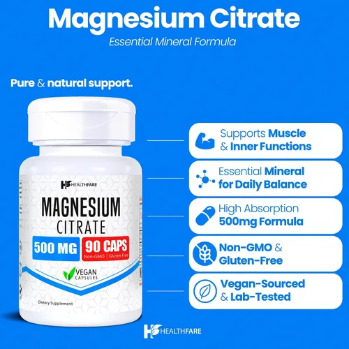 Vista 2 de HealthFare Cápsulas de citrato de magnesio de 500 mg 90 píldoras veganas Suplemento mineral esencial de alta absorción Fórmula extra fuerte