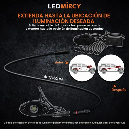 Vista 3 de LEDMIRCY Cable de Extensión para Luces LED de Roca Cable de Alambre de 2 Pines Impermeable 2PCS 5ft 22AWG con Conectores Macho a Hembra Tuerca
