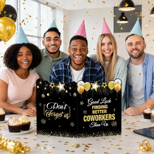 Vista 4 de Tarjeta de felicitación de despedida jumbo de color negro y dorado, grande, con texto en inglés "We Will Miss You", tarjetas para firmar tarjeta