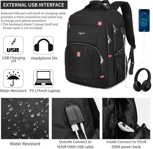 Vista 3 de Mochila para portátil de 17.3 pulgadas, mochila grande para computadora con puerto de carga USB, mochila resistente al agua y resistente