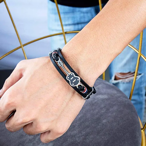 Vista 5 de TEMICO Mens Womens Black Leather Cuff Bracelet Multi-Layer Cowhide Handmade Woven Rope Guitar Wristband
