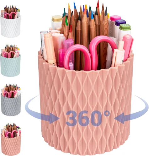 Vista 10 de Soporte para Lápices - Rotación de 360°, 5 Ranuras Suministros de Escritorio para Mujeres Estética de Oficina. Soporte para Bolígrafos para Oficina