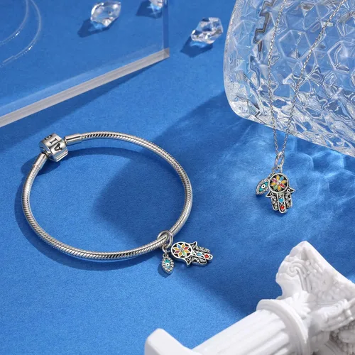 Vista 2 de AIEGNOS Abalorios de plata de ley 925 para pulsera y joyería de la suerte, abalorios de Hamsa de Fátima, abalorios europeos compatibles con el mal