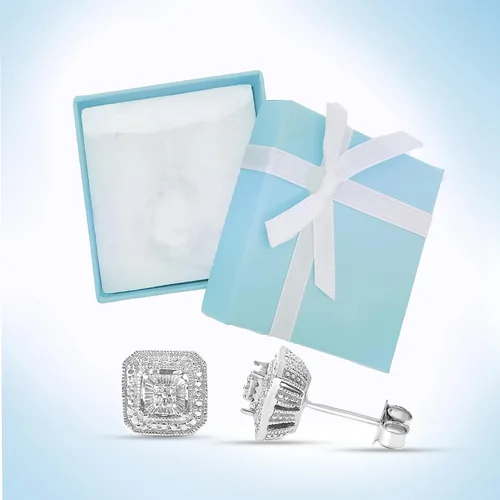 Vista 7 de Aretes de perno con solitario con apariencia de diamante blanco hechos de plata esterlina