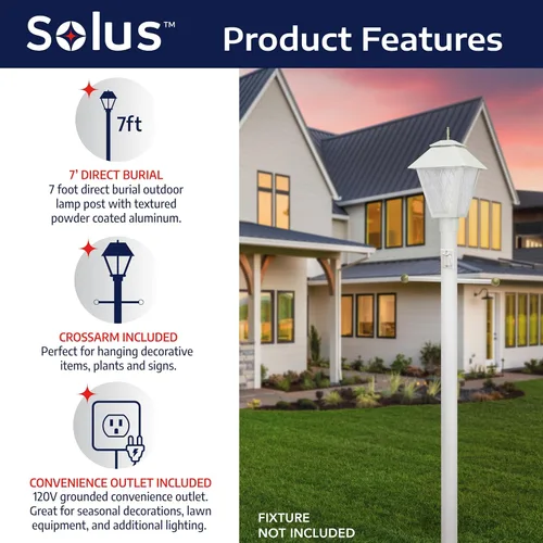 Vista 3 de Solus Poste de lámpara de entierro directo de 7 pies, poste de luz de aluminio para exteriores con brazo cruzado decorativo, sensor de atardecer a
