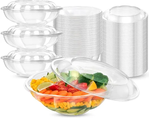 Vista 9 de Fit Meal Prep 50 unidades 18 onzas Tazones desechables de plástico transparente para ensalada con tapas herméticas - Para llevar para almuerzo