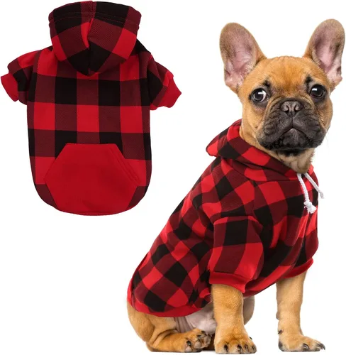Vista 23 de EXPAWLORER Sudadera con capucha para perro a cuadros, estilo británico, suéter cálido para perro con agujero para correa, ropa de pitbull, ropa
