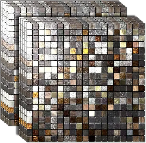 Vista 9 de 10 hojas de azulejos de salpicaduras para despegar y pegar, paneles de pared autoadhesivos de aluminio 3D, calcomanías de mosaico metálico