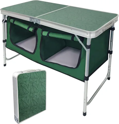 Vista 10 de CampLand - Mesa plegable de aluminio para exteriores, ligera, de altura ajustable con organizador de almacenamiento para barbacoa, fiesta, camping