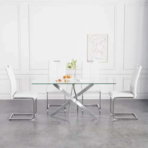 Vista 34 de Juego de mesa de comedor de 36 pulgadas para 4, moderna parte superior cuadrada de vidrio templado, mesa de patas de acero inoxidable con acabado