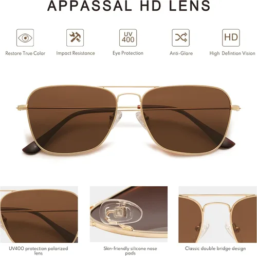 Vista 3 de Gafas de sol de aviador polarizadas retro vintage con marco de metal rectangular AP3614