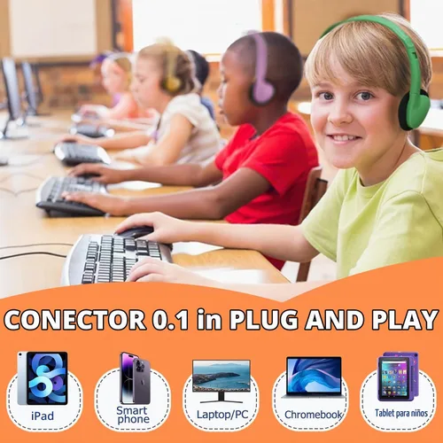 Vista 7 de Paquete de 10 auriculares para niños a granel para el aula escolar, auriculares multicolor con cable para estudiantes, auriculares ajustables
