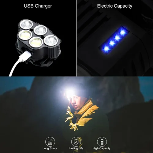 Vista 4 de Linterna frontal recargable de 5 LED multicolor brillante con opción de luz roja para adultos, IPX5, impermeable, USB C, correr, lectura