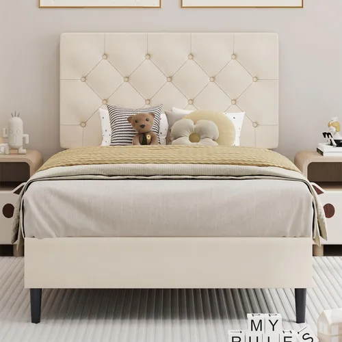 Vista 20 de BarnFurin Marco de cama tamaño completo con cabecero, cama de plataforma tapizada con cabecera acolchada con botones ajustables, marco de cama