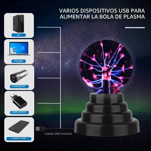 Vista 3 de Gresus Lámpara mágica de bola de plasma alimentada por USB con batería de 3
