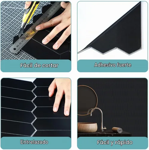 Vista 4 de Azulejo negro para salpicaduras de piquete, aspecto de cerámica, largo hexágono autoadhesivo para pared de cocina y baño, paquete de 6 Hexágono