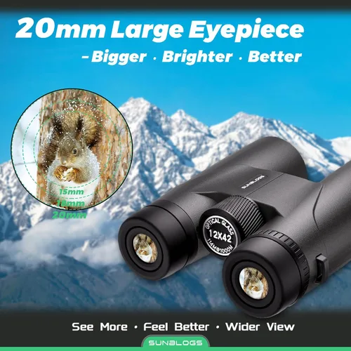 Vista 4 de Prismáticos HD de 12 x 42 pulgadas para adultos de alta potencia, prisma BAK4 impermeables para observación de aves, caza, viajes, senderismo y Negro