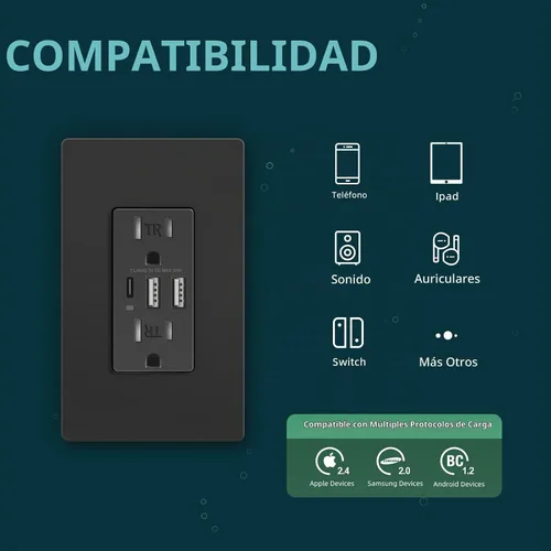 Vista 3 de TOPELER Toma de pared USB C negra, toma eléctrica de carga rápida de 30W 6.0Amp con 3 puertos USB (1*Tipo C y 2*Tipo A), receptáculo resistente a