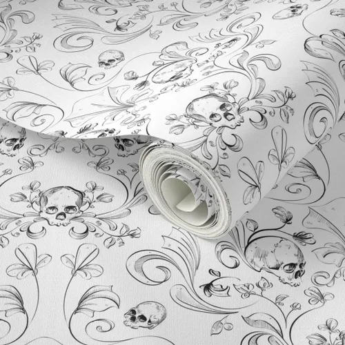 Vista 2 de Spoonflower Papel tapiz para despegar y pegar, diseño textil de damasco de calavera, tela artística de Halloween, papel tapiz extraíble personalizado